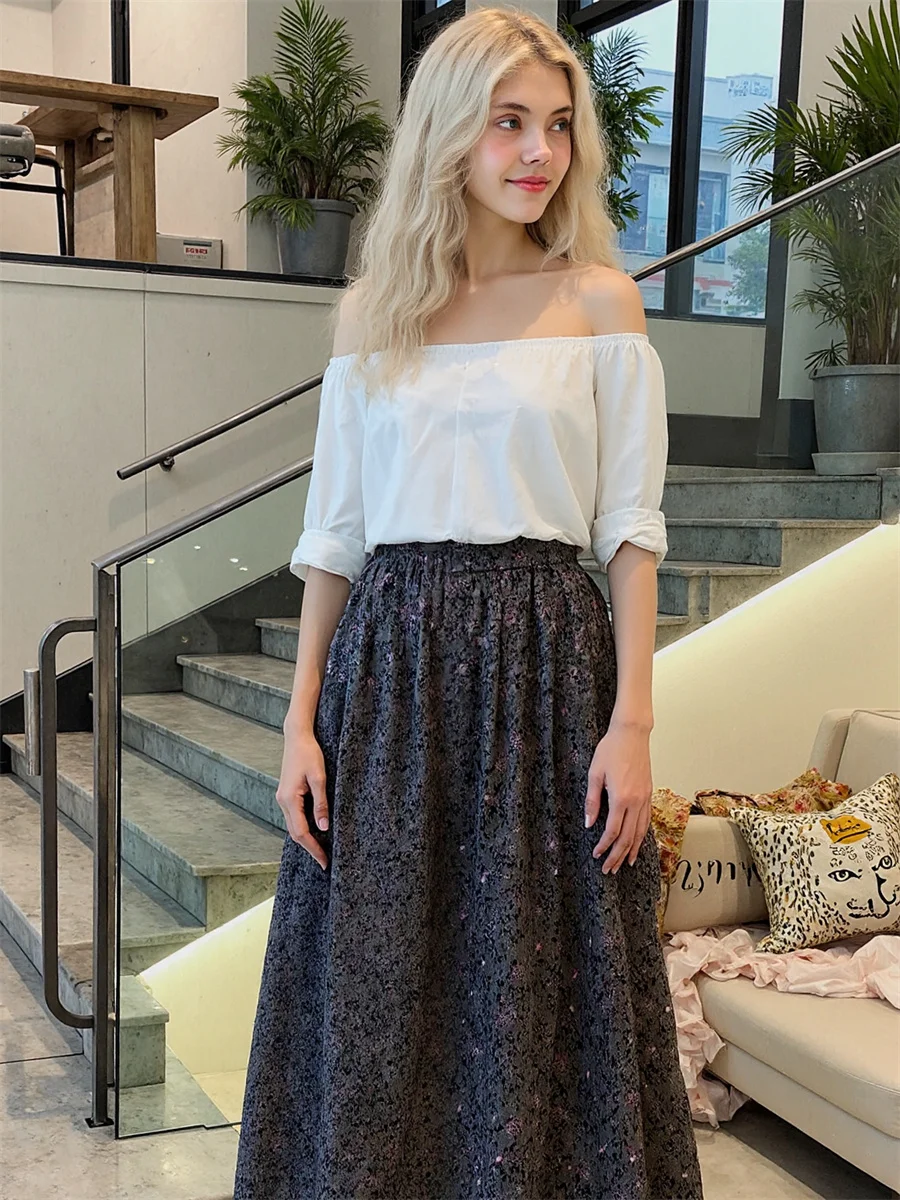 Midi floral impresso saias das mulheres retalhos plissado em camadas malha plissado bolo apliques artístico moderno chique elegante doce