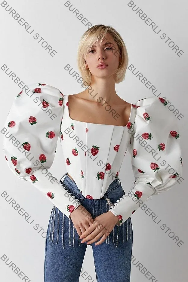 New Fashion Strawberry Embroidery Women Tops Unique Square Collor Tulle Satin Female Blouse Puff Long Sleeves Top Custom Made