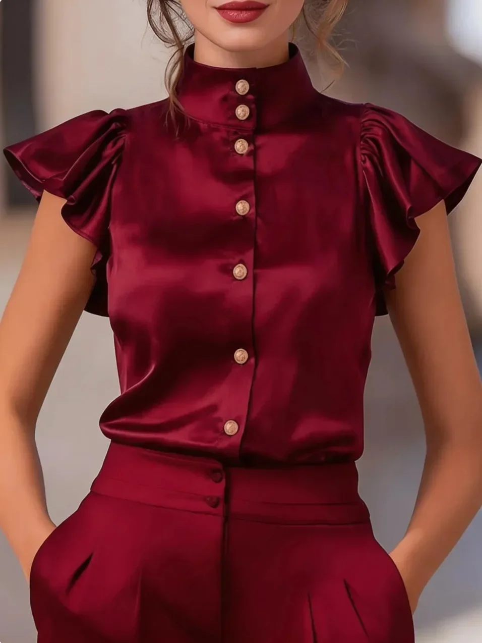 Damen-Satinbluse mit Stehkragen, Rüschenärmeln, dekorativen Knöpfen vorne, elegantes Oberteil für Büro und Pendler. – Detail 10