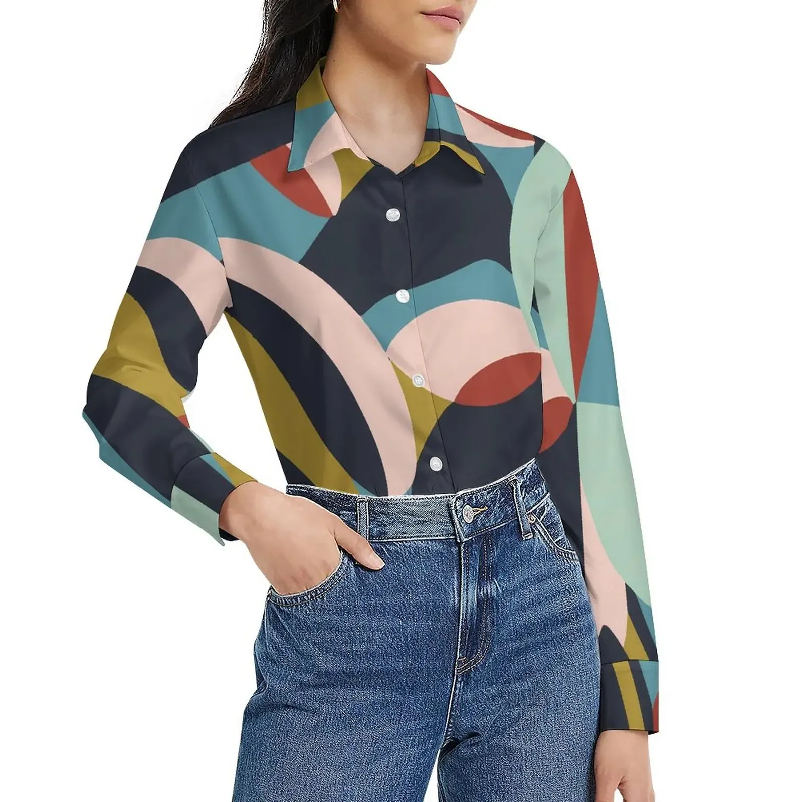 

Color Block Blouse Patchwrok Print Aesthetic Custom Fashion Blouses Women Korean Fashion Shirt Autumn Long Sleeve Lapel Tops
