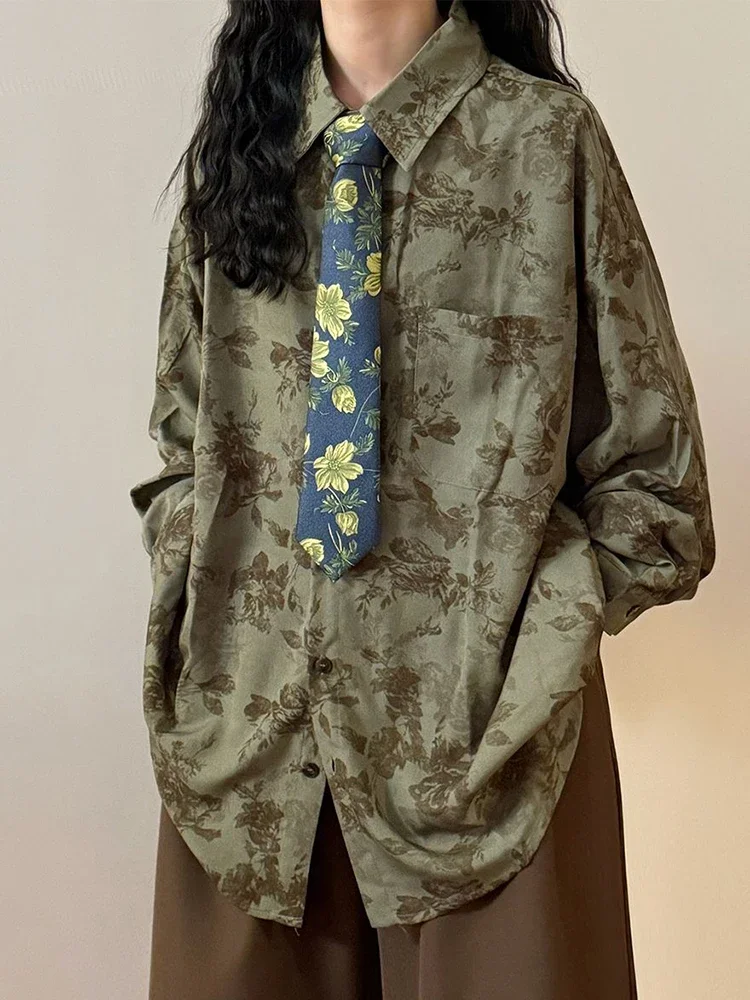 

Zoki Harajuku Print Tie Shirt Women Loose Oversize Long Sleeve Vintage Blouse Japan Preppy Style Casual Retro Bf Fall Tops New