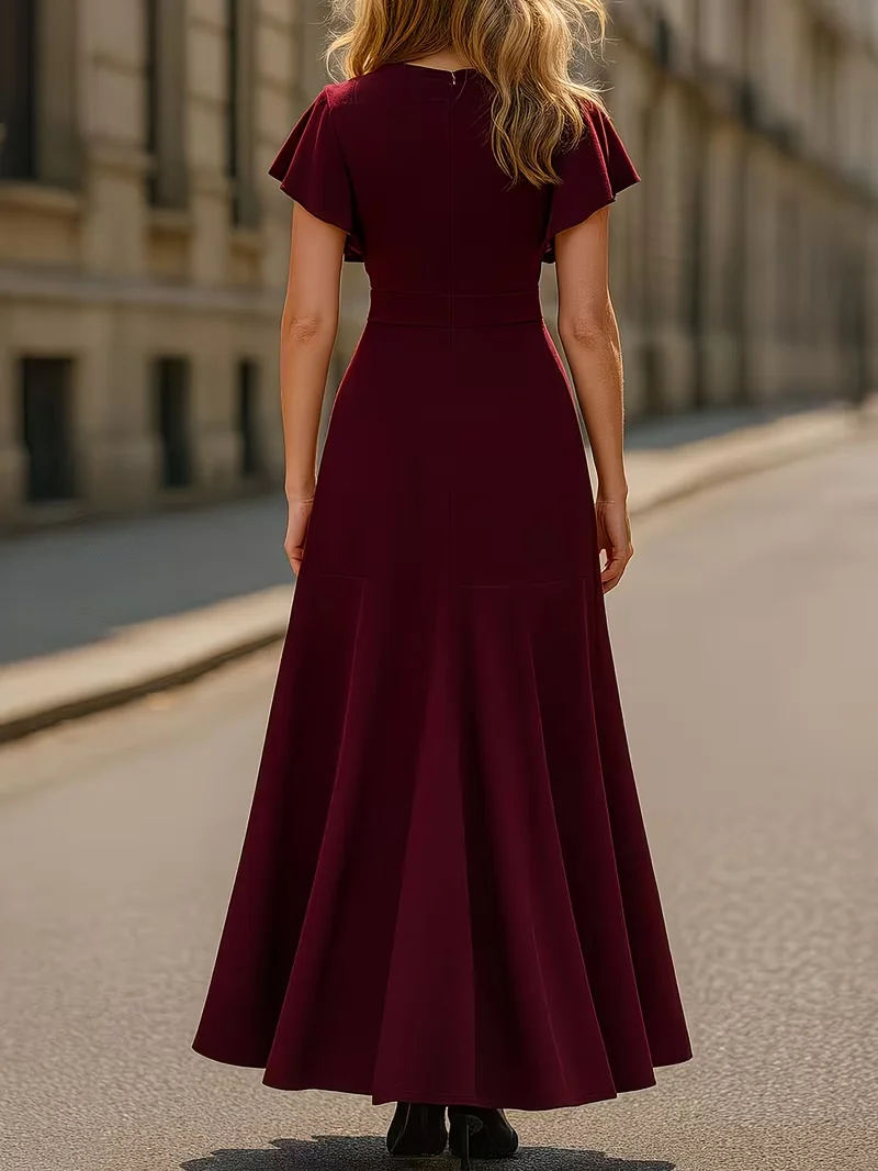 Damen Sexy Tiefer V-Ausschnitt Lotusblatt-Ärmel Sommer Einfarbiges Cocktail-Party-Kleid mit Unregelmäßigem Rüschensaum – Detail 15