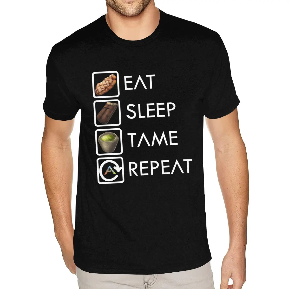 

Short Sleeves Crew Neck 100% Cotton Ark Survival Evolved Eat Sleep Tame Repeat Tee-Shirt Movie Man S Shirt