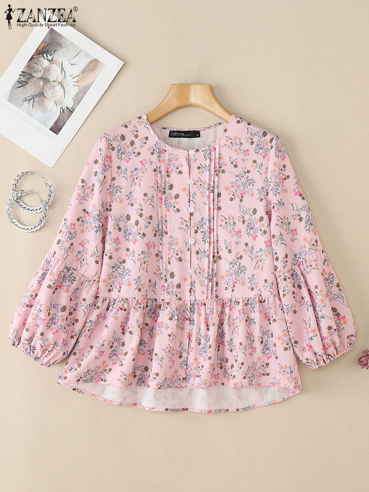 ZANZEA Mode Pintuck Chemise Femme Casual Ditsy Bloemen Gedrukt O-hals Verstoorde Zoom Tops Zomer 3/4 Lantaarn Mouw Dames Shirts