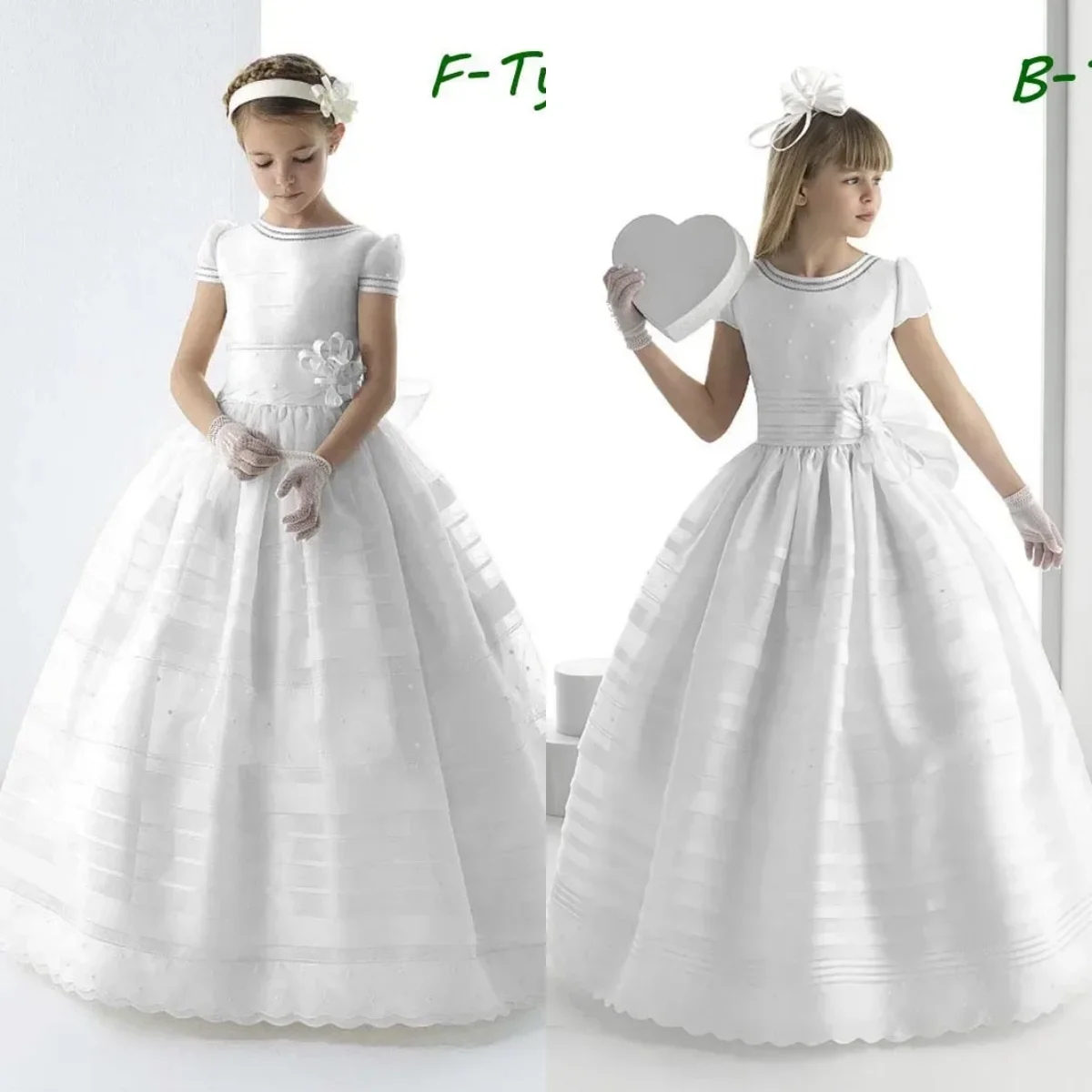 Elegant Ivory Satin First Communion Gowns Flower Girl Dress Short Sleeves With Bow Little Princess Birthday Evening Ball Dresses