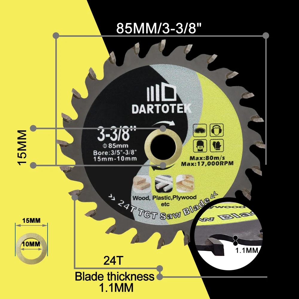 DARTOTEK-Disque de coupe pour bois TCT, alliage dur, kit de travail de calcul, lame de scie 24T pour bois, matériaux composites, plastiques, 85mm, 1 pièce, 2 pièces, 4 pièces, 6 pièces