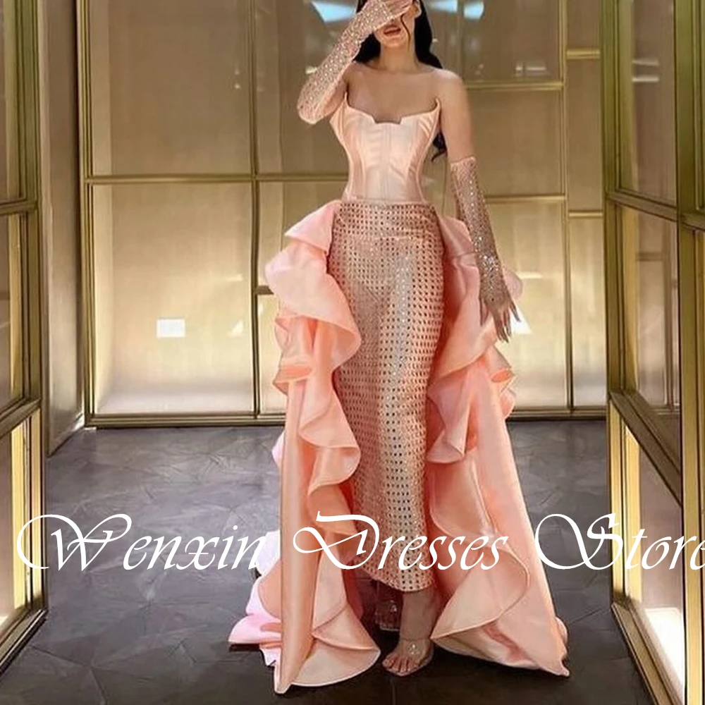 Customized Exquisite Satin Detachable Sleeve Evening Dress Fashion Strapless Straight Long Sleeves Ankle Length Celebrity Gowns