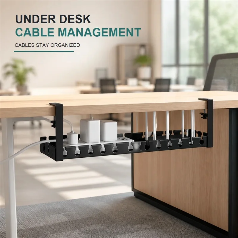 **No Drill Under Desk Cable Management Tray 36 Inch Clamp or Screw Mount Cord Organizer Premium Fabric Wire Hider for Standing D