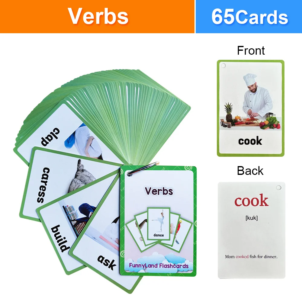 Action Verbs English Flashcards for Kids Homeschool Classroom Montessori Teaching Material Pocket-Sized Vocabulary Learning Card