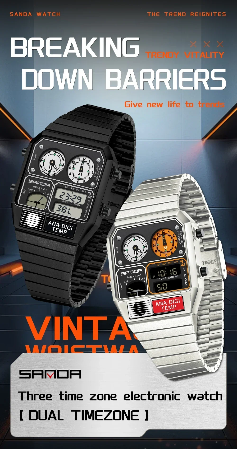 SANDA 3192 Quadratische elektronische Uhr für junge Männer, lässige multifunktionale Armbanduhr mit Thermometer, Stoppuhr, Chronograph – Detail 2