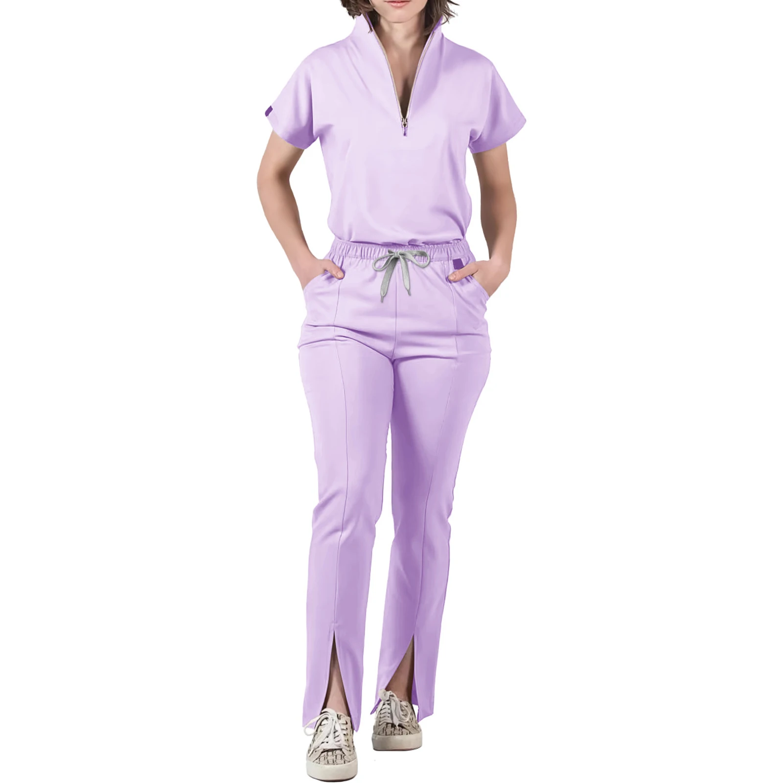 

Women's Nurse Scrub Set V-Neck Half Zipper Short Sleeve Multi-Color Split Hem Pants Multi-Pocket Cozy Professional Workwear