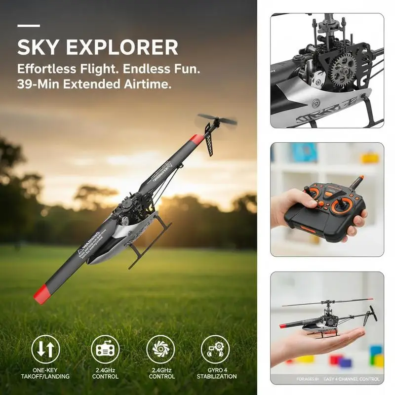 Remote Control Aircraft 10 Inch For Backyard Indoor Park, 4-Channel Gyro Stabilization 39-Minute Battery Life Altitude Hold Single Propeller 2.4GHz Wireless Beginner Toy For Kids Age 8+ view 3