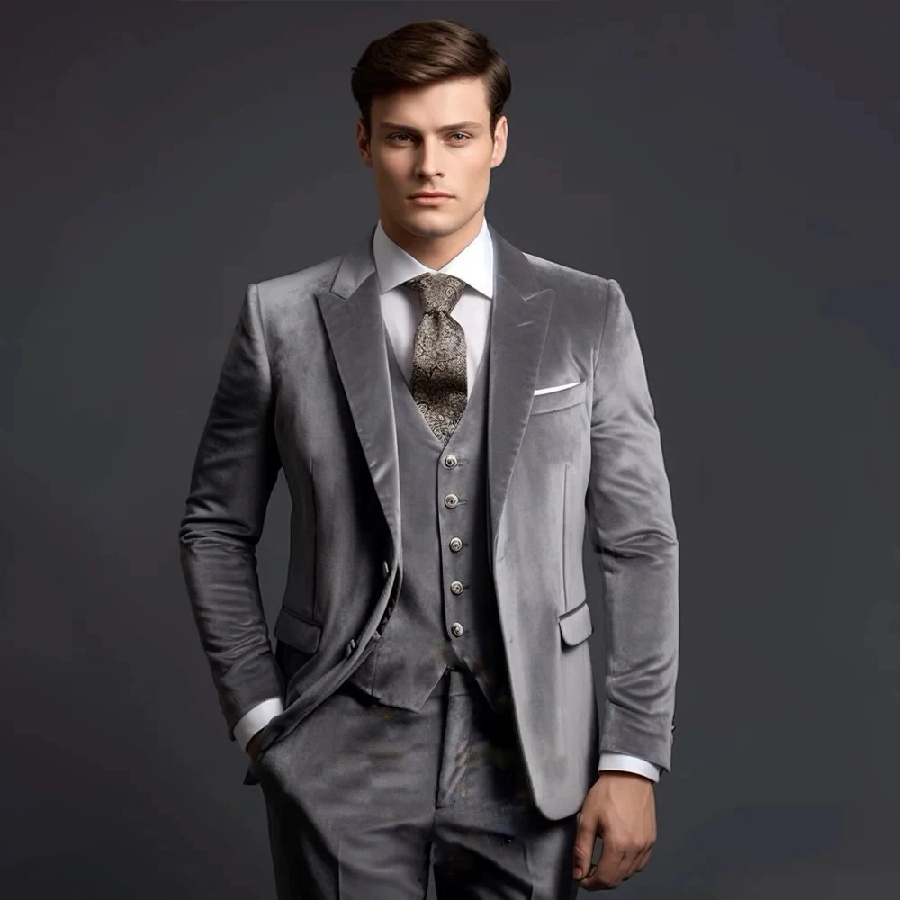 

Men's Grey Classic Elegance Velvet Wedding Dating Prom 3-Piece Custom Suit Timeless Style for Every OccasionAnnual Dinner Party