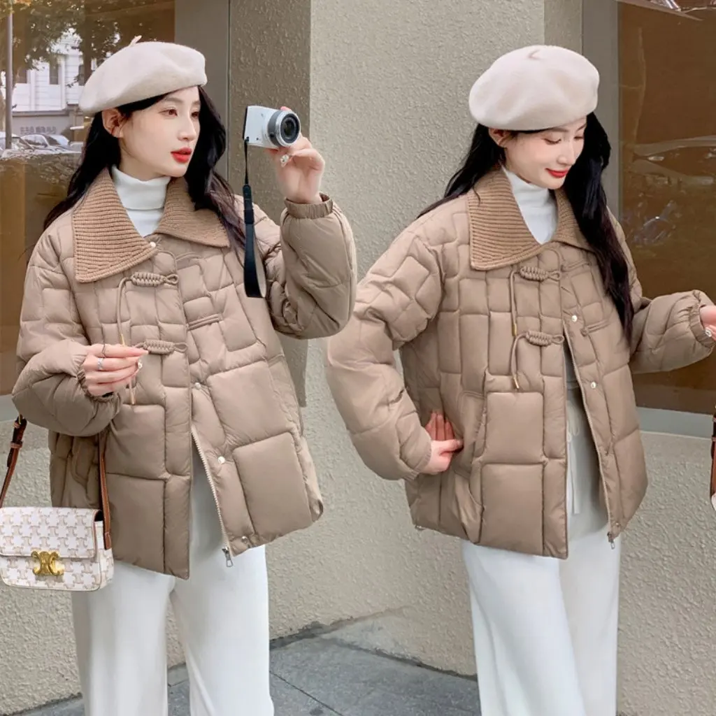 

Women's Chinese Style Guofeng Buckle down Cotton-Padded Jacket Knitted Large Laps Fashion Coat Short
