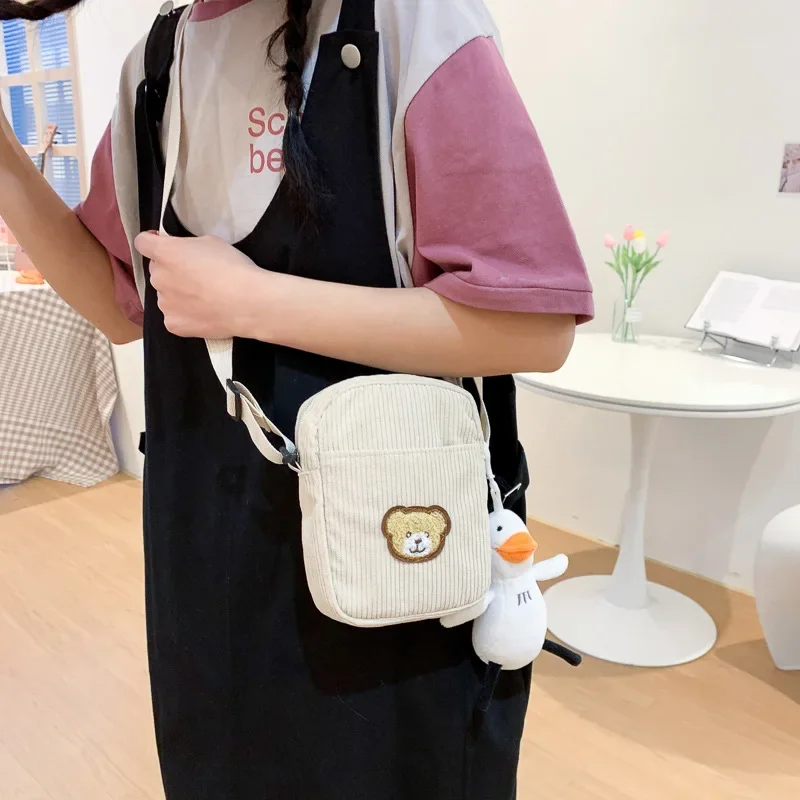 New Fashion Women Corduroy Shoulder Bags Cartoon Bear Print Tote Messenger Bag Satchel Travel Handbags Student Shopping Bag