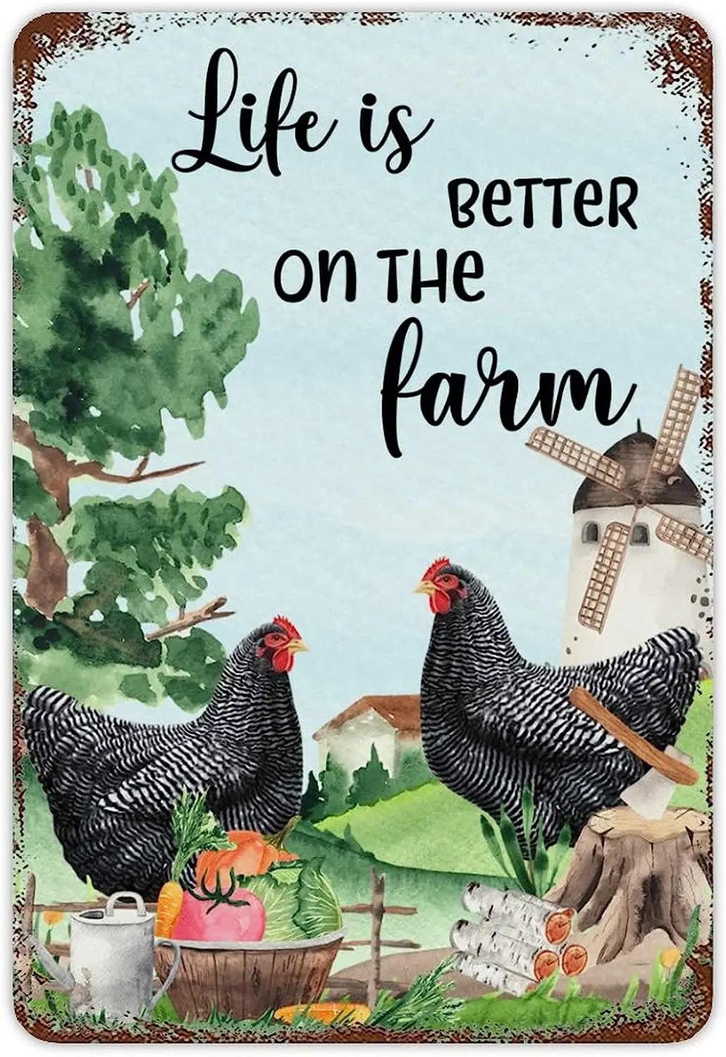 Life Is Better on The Farm Metal Sign Farm Animals Chicken Rooster Watercolor Rustic Tin Sign Vintage Rustic 8x12in Tin