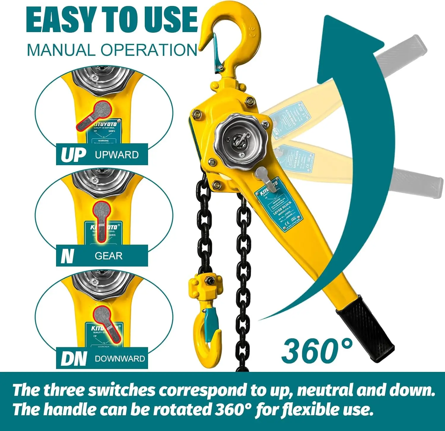 1.5 Ton Manual Chain Hoist, 3300LBS Capacity, 10FT G80 Alloy Steel with Auto Chain & 360° Hook for Garage Factory