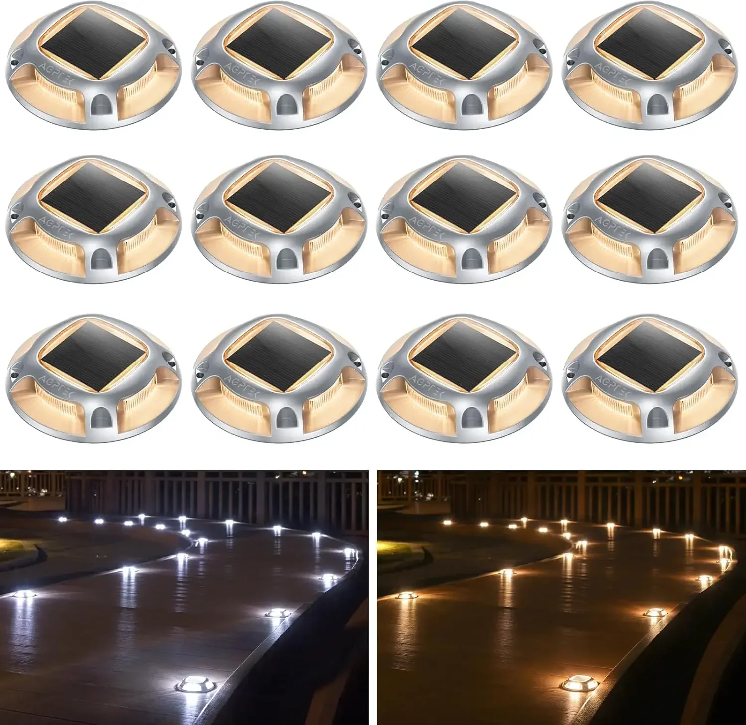 Solar Driveway Lights Outdoor 12 Pack, 2 Color Modes LED Deck Dock Marine Waterproof Driveway Marker Lights for Step Sidewalk St