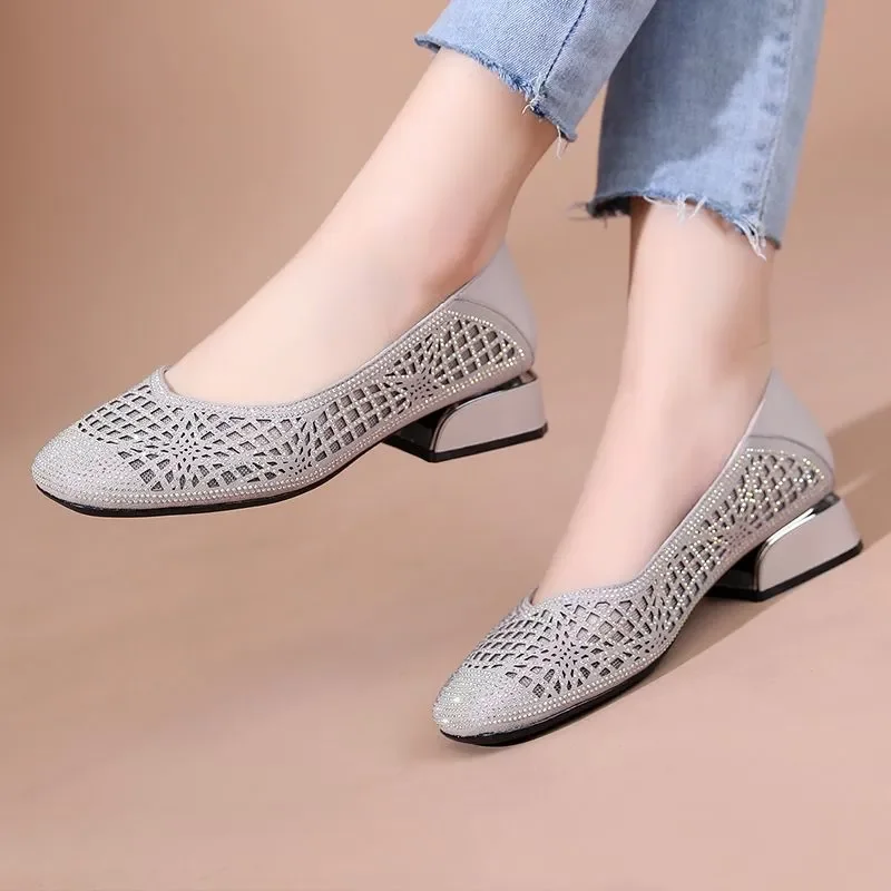 GKTINOO Spring Summer Fashion Hollow Genuine Leather Pumps Women Shoes Med Heels Square Heel Mesh Ladies Office Shoes Crystal