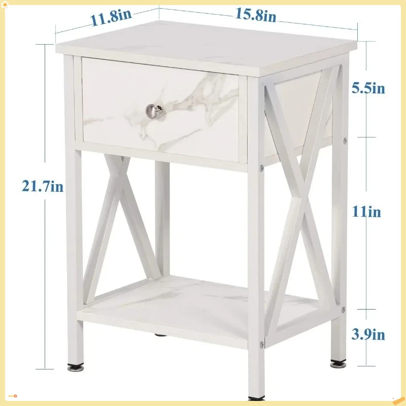 Modern Nightstand Set of 2 with Storage Shelf & Drawer, White End Table for Bedroom Living Room