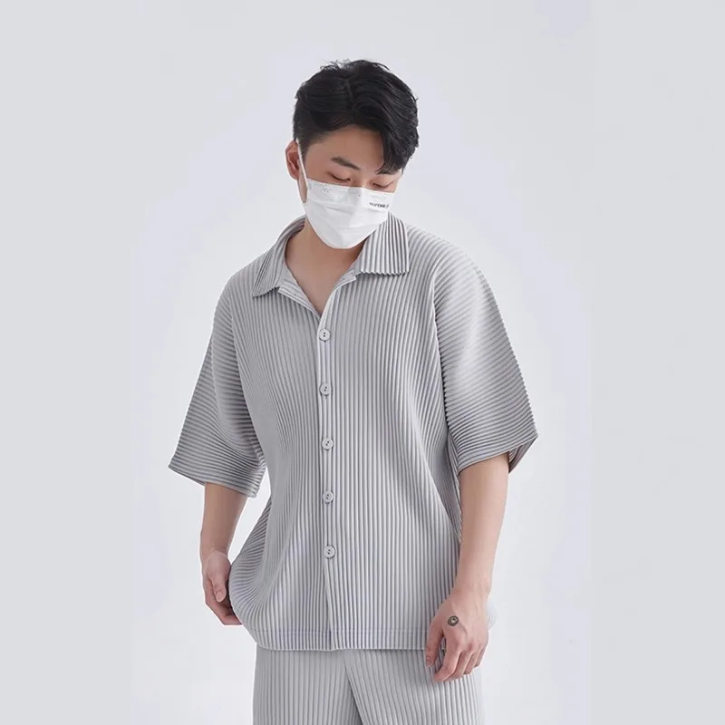 Miyake Pleated Short Sleeve Shirt Men's 2026 Classic Pleats Top Short Sleeve Summer Loose Plisse Jacket Loose Plus Size Fold Top view 3