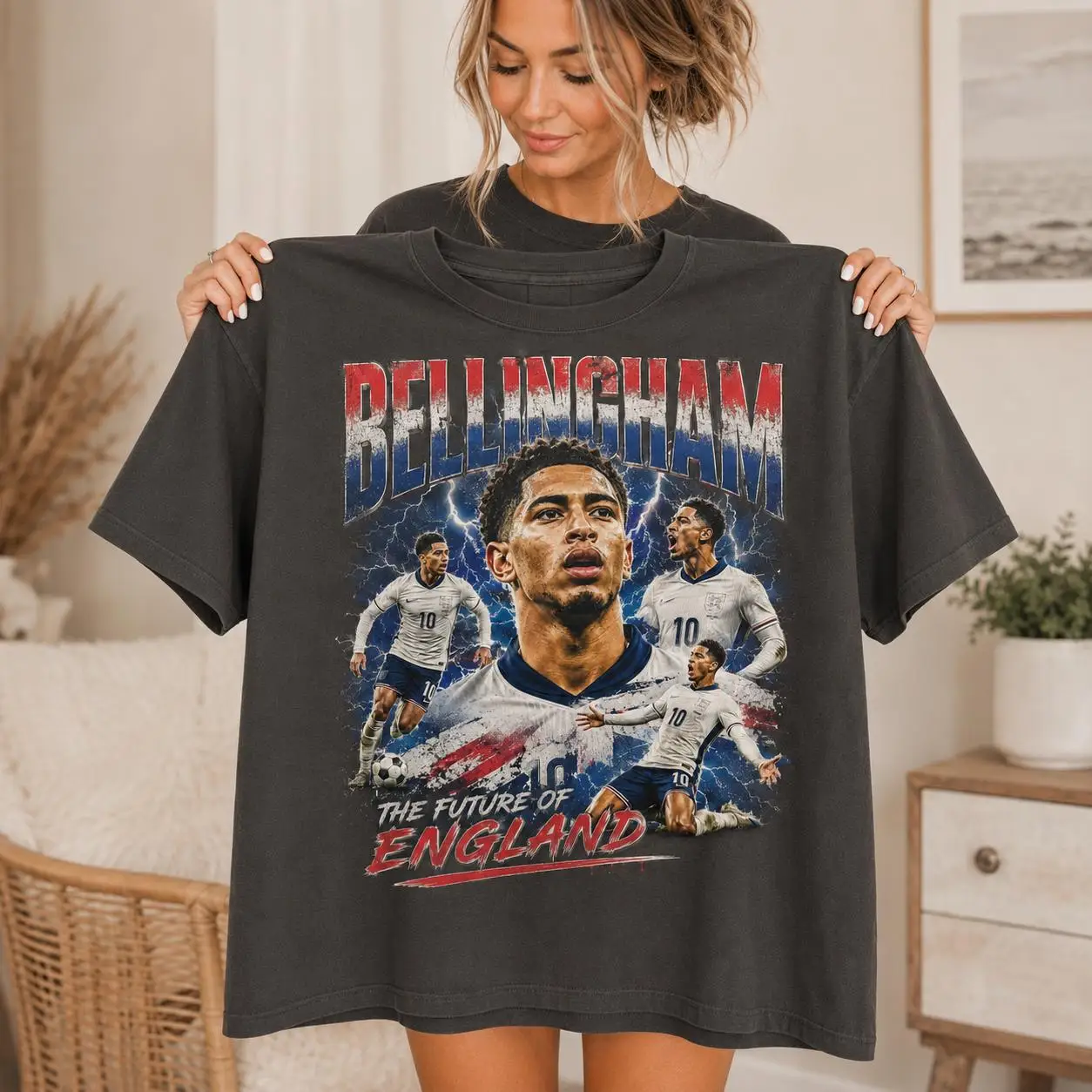 Jude Bellingham England National Team No.10 Vintage Bootleg Collage T Shirt Retro Lightning Graphic Oversized Unisex Short