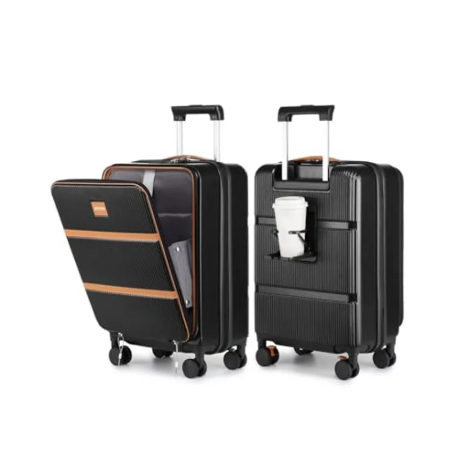 

20-дюймовый жесткий чемодан для ручной клади, одобренный авиакомпаниями, с передним карманом и подстаканником, на колесиках-спиннерах, для мужчин и женщин, черный