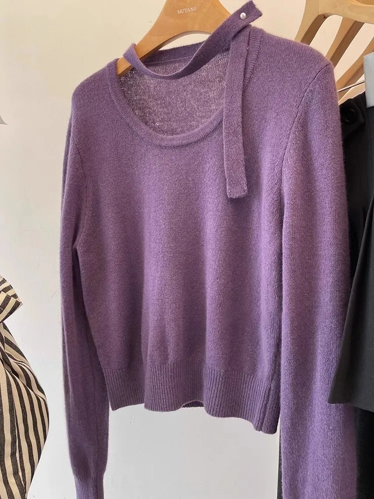 سترة محبوكة بأكمام طويلة وشريط معلق برقبة أرجوانية للنساء في الخريف والشتاء، سترة قصيرة راقية وفضفاضة