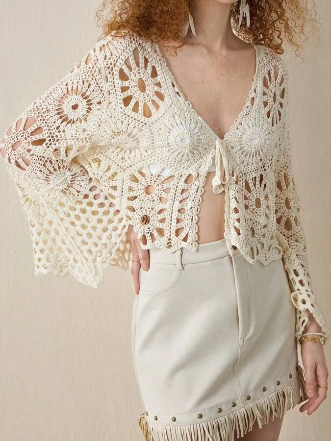 Primavera Verão Novo Top de Malha com Decote em V e Recortes Vazados, Manga Curta com Proteção Solar, Manga Longa Estilo Stre...