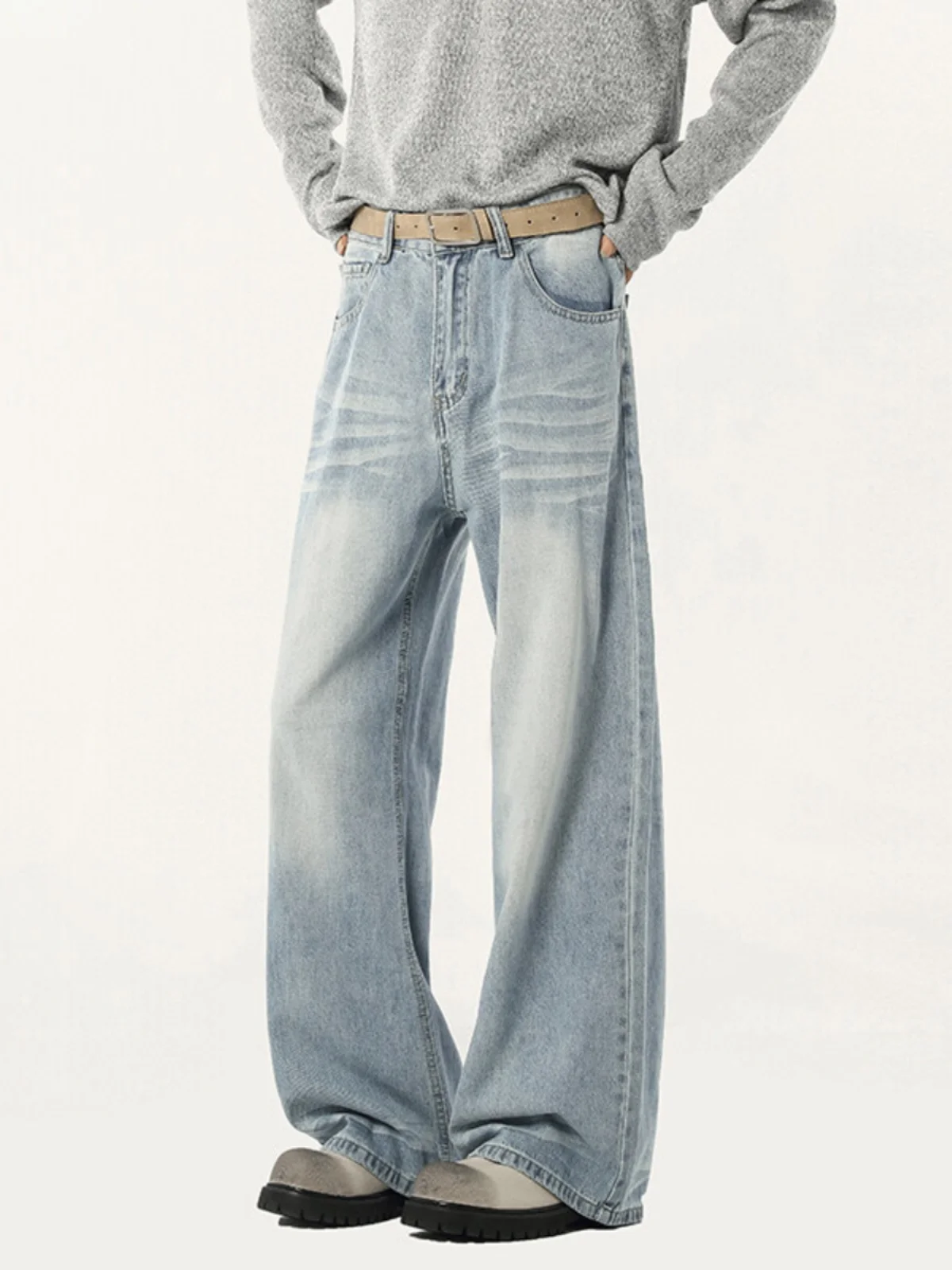 

Chic Light Blue Men's Jeans American Lazy Straight Leg Wide Leg Pants Spring Autumn Cleanfit Casual Loose Fit Cotton Polyester