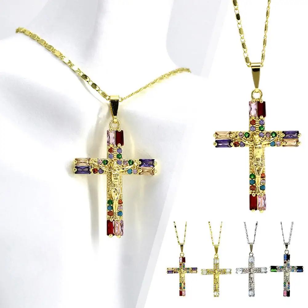 Virgin Mary Women's Collar Golden Cross Pendant Micro Inlaid Plated Women's Clavicle Necklace Gold Chain Copper Zircon Pend M0E2