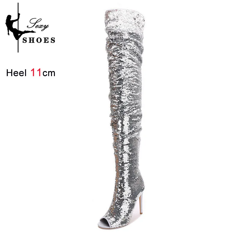 Nowe cekinowe damskie buty za kolano Bar Wrinkle High Heels Club Exotic Dancer Peep Toe Shoes 11CM Trend Ladies Thigh Boots