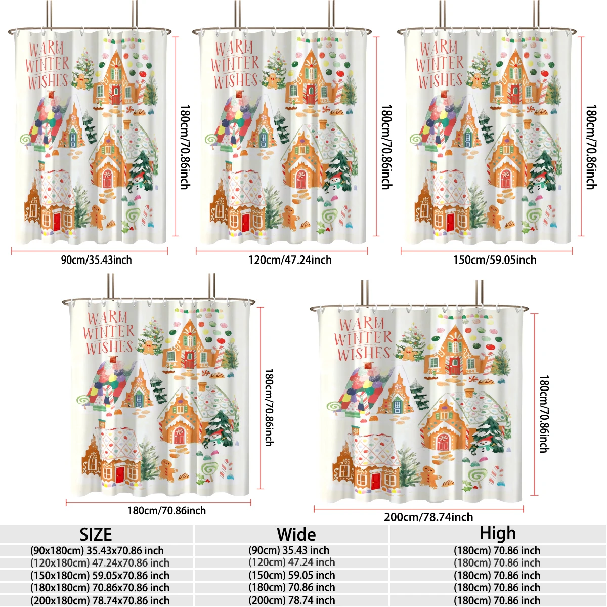 Waterproof shower curtain. Warm Winter Wishes. Gingerbread house Christmas decoration with hooks, can be machine-washed.
