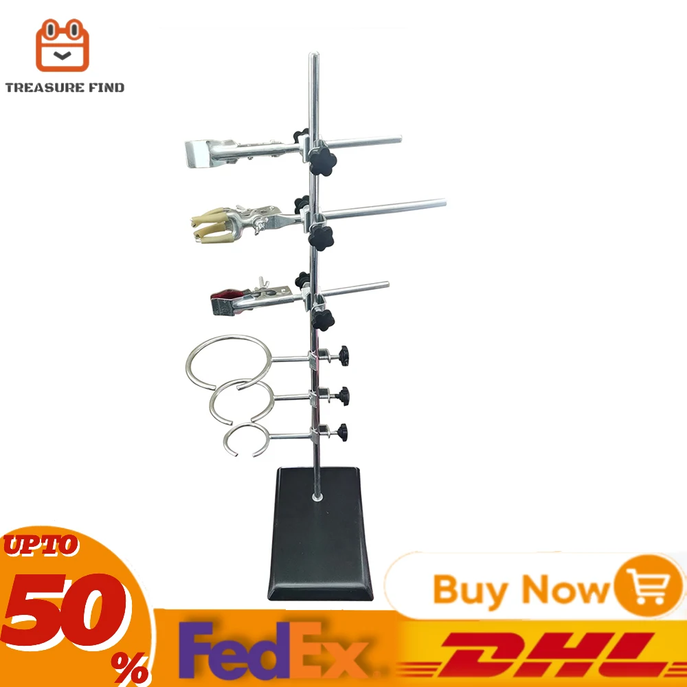 Laboratory Support Stands 600mm Lab Chemistry Clamp Sets Pipe Holder Condenser Clips Retort Ring+ 9 x Laboratory clips