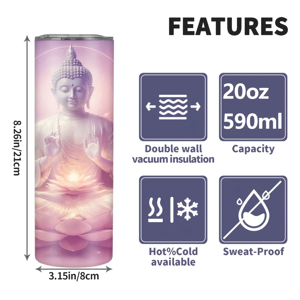 1pc/20oz/590ml/Double Wall Stainless Steel Insulated Skinny Tumbler with Straw And Lid,Outdoor Travel Coffee Mug,Pastel Purple Backdrop,Meditative Figure Seated On for Lotus with Luminous Halos And Sparkling Details,Ideal for Festive Gifting