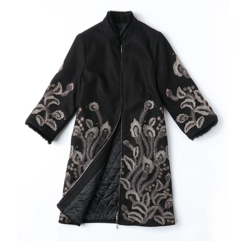 Women Jacquard Coat Ethnic Chinese Traditional National Embroidery Cloak Hot Lining Thick Warm Stand Collar Winter Long Oversize