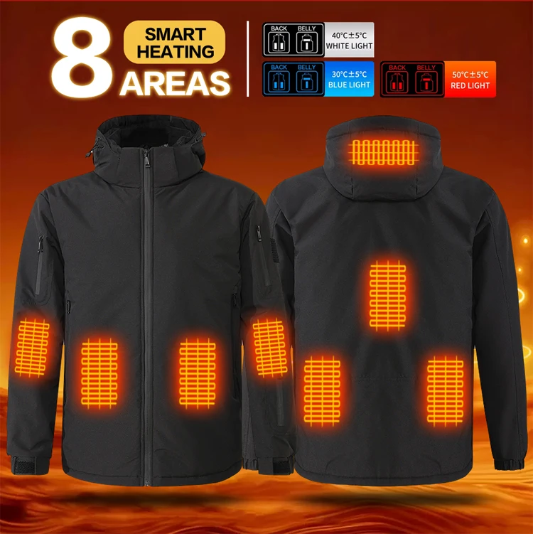 Unisex-Heizjacke, USB-aufladbar, 8 Heizzonen, elektrisch beheizter, warmer Kapuzenmantel, winddicht, wasserdicht, für den Winter, Outdoor, beheizt – Detail 2