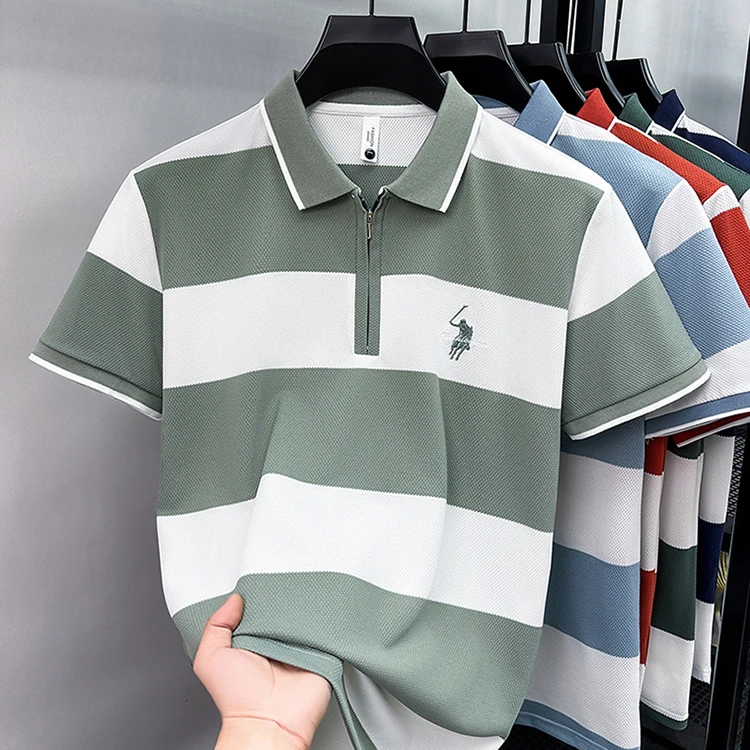 Modisches gestreiftes, farblich abgesetztes Kurzarm-Poloshirt für Herren High-End-Marke Pony-Stickerei Sommer, Golf, Freizeit, neues T-Shirt mit halbem Reißverschluss – Detail 7