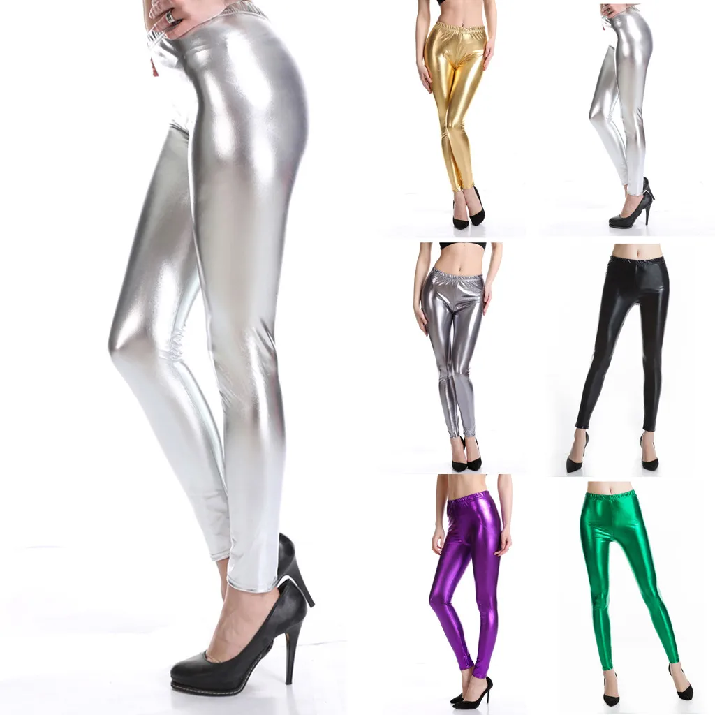 

Women Sexy PU Leather Metallic Pants Shiny Holographic Flare Pants Lady Elastic Waist Flared Trousers Dance Performance Clubwear