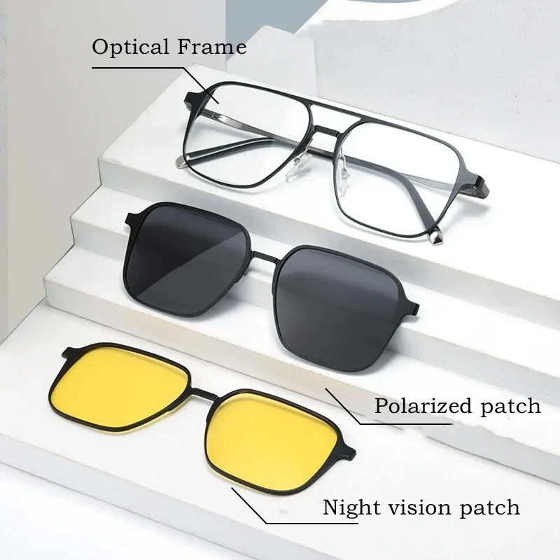 MEESHOW Clip on Glasses Fashion Magnetic Men Sunglasses Pure Titanium Optical Lens Prescription Frame Big Size Square Eyeglasses