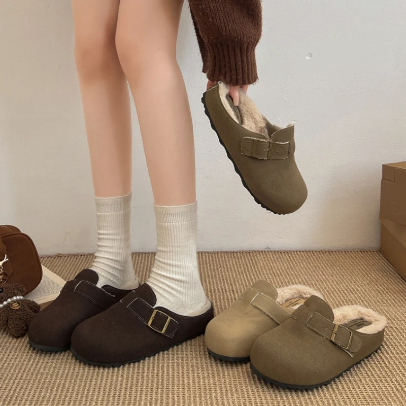 

Осенне-зимние женские теплые хлопковые шлепанцы, модные туфли с пряжкой и закрытым носком, лаконичные уличные шлепанцы на плоской подошве на платформе