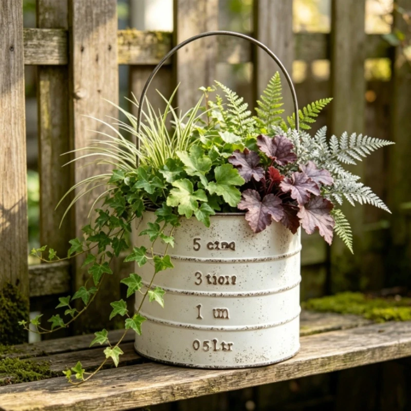 Metal Bucket Holder with Raised Detail and Carry Handle for Home Display J0MC
