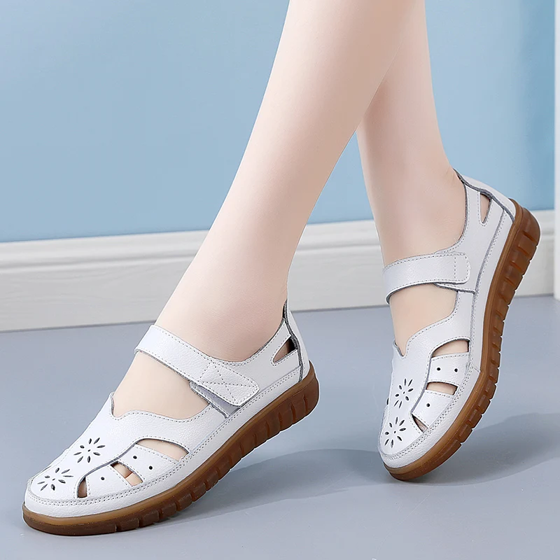 Sandals Summer Breathable Genuine Leather Slippers For Women Fashion Non-Slip Wear-Resistant Roman Shoes New Flat White Shoes