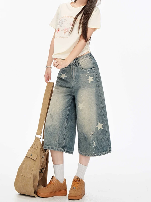 

American Style High Waist Loose Fit Star Print Straight Leg Jeans Women's 7/8 Length Summer New Casual Cotton Blend Denim