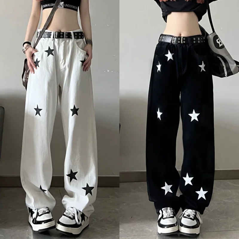 

New High Street Star Print White Black Jeans Women's Denim Pants Korean Fashion Streetwear Y2k Clothes Pant Clothing High Waist