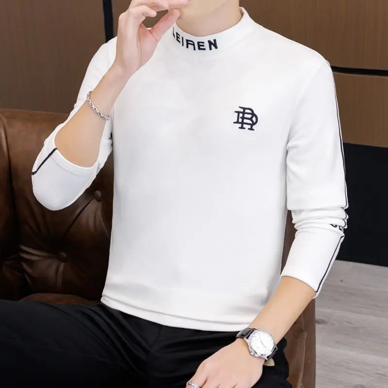 

Warm Fce Thermal Underwear for Teens And Students with Embroidered Letters f High Collar Men's Brued Velvet T-irt B...