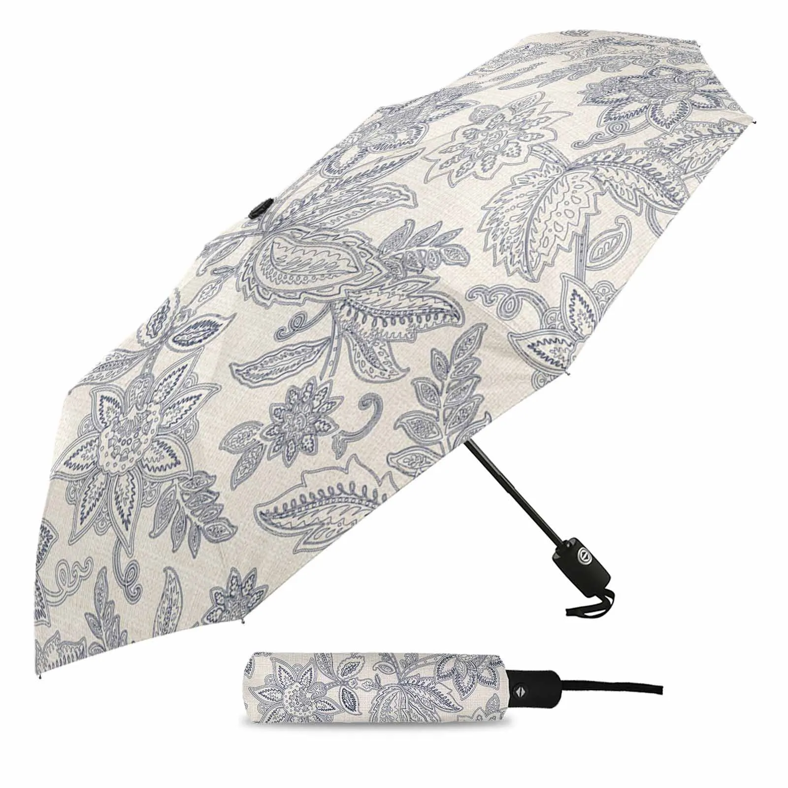 Vintage Floral Texture Fully-automatic Umbrella for Outdoor Kids Adults Printed Umbrella Foldable Eight Strand Umbrella