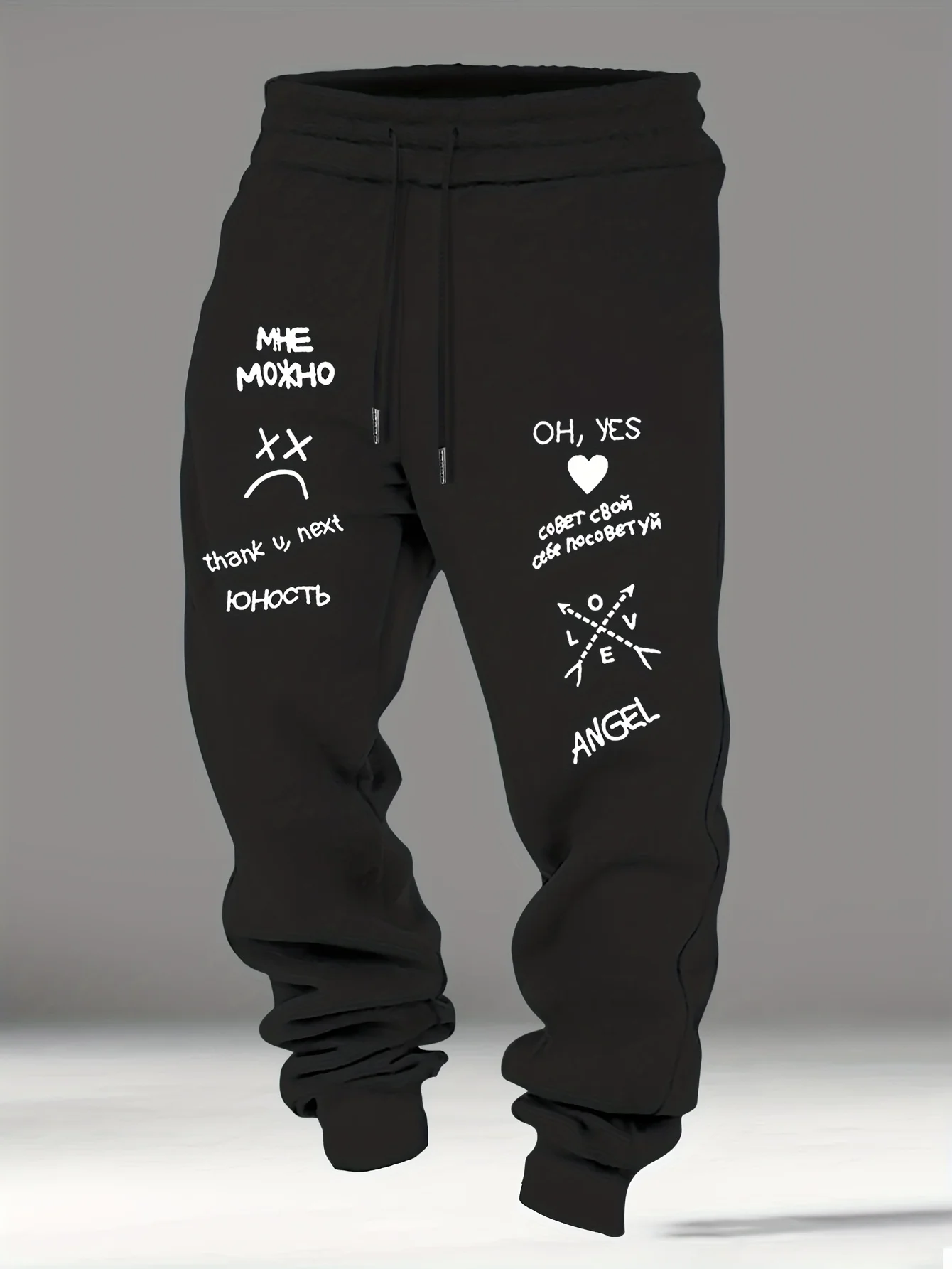 Graffiti‑chic multi‑language street quote doodle graphic stylish tapered sweatpants men hip hop sports jogger trousers