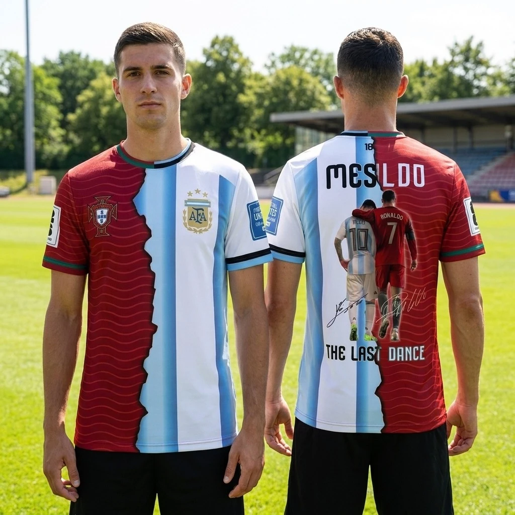 Men Short Sleeve Soccer Jersey Messi Ronaldo Farewell Print Quick‑Dry Breathable Football Uniform Commemorative Sports Fan Tee