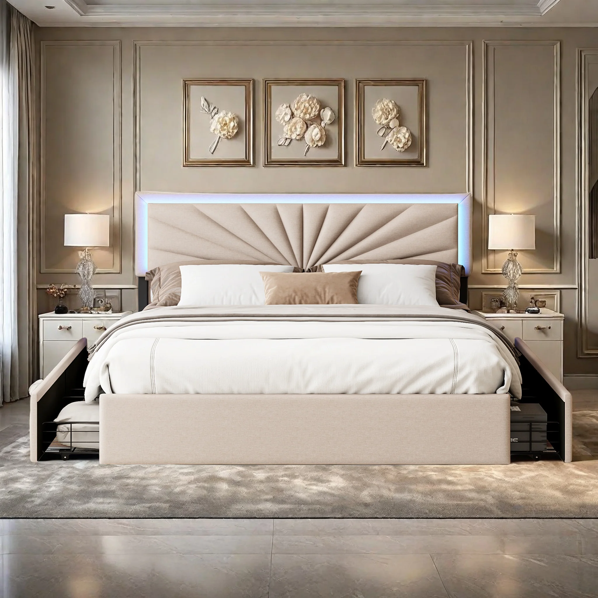 Lit moderne avec éclairage LED, 4 tiroirs, lit double 140/160x200 cm avec tête de lit réglable en hauteur, cadre de lit robuste, sans matelas